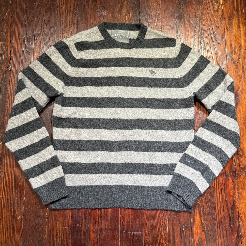 Abercrombie Fitch Sweater Mens Large Gray Striped Lambs Wool Cashmere Logo
